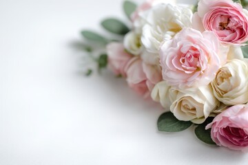 Obraz premium Soft pink ivory rose corner on a white backdrop for weddings, birthdays and Mother's Day cards
