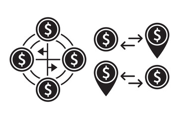Money Location Tracking and Transfer Icons Vector Set