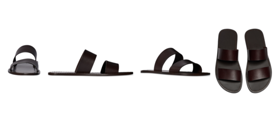A Set Of Dark Brown Leather Shoe With Two Straps, Brown Leather Footbed sandal, Flat Sandal on transparent Background, comfortable slip-on style. Ideal for casual wear.