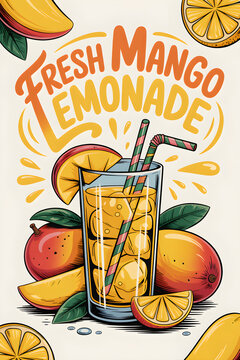 Fresh mango lemonade drink with citrus fruits and ice