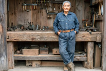 Elderly asian woman standing in a woodworking workshop