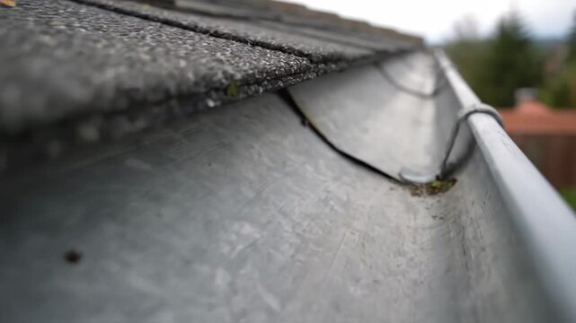 Close-up view of a rain gutter system on residential roof with detailed focus