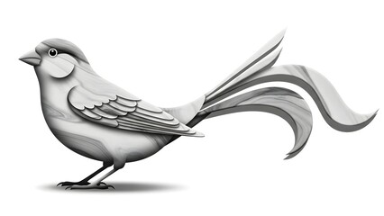 Obraz premium A detailed grayscale illustration of a stylized bird with a long, flowing tail, perched on a thin leg against a white background