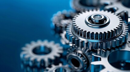 Chrome gears interlock creating mechanical system on blue background
