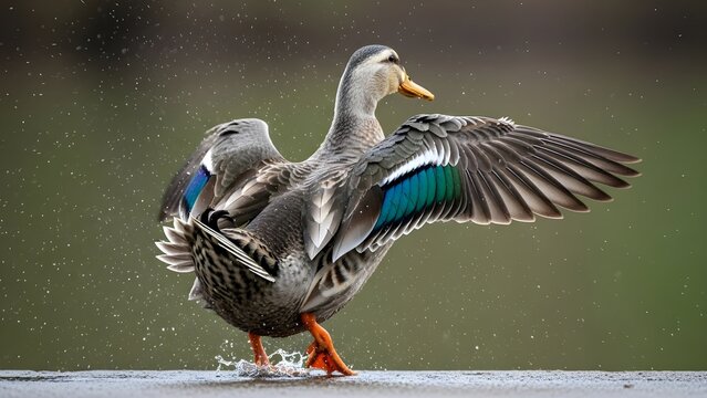 A duck with its wings spread wide, captured mid-motion as it shakes water droplets off its feathers
