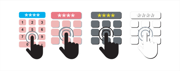 Print, set of Hand pointer with buttons line icon, hacker attacks concept. Vector graphics. Pin code button push and hand finger sign on white background, outline style icon for mobile or web design, 