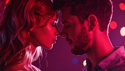Intimate Couple Sharing a Tender Moment Under Red Lights.