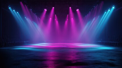 Moody night scene in an empty venue lit by bright neon beams