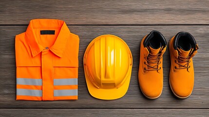 Construction safety uniform flat lay with hard hat, high visibility jacket and work boots