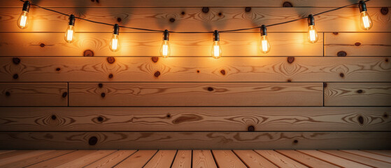 Warm string lights illuminate rustic wooden wall, creating cozy and inviting atmosphere perfect for gatherings