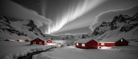 Serene winter landscape featuring red cabins surrounded by snow, mountains, and northern lights illuminating night sky