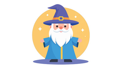 Cartoon Wizard Character with Pointed Hat and Long White Beard.