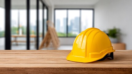 Construction safety hard hat on wooden table with modern office background and copy space