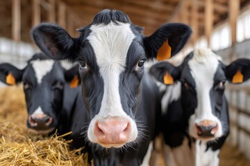 Dairy cows looking at camera in barn