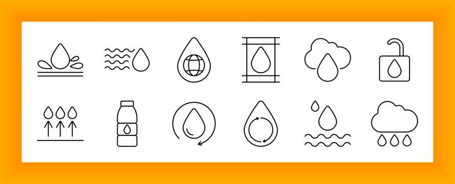 Water resources set icon. Droplets, clouds, bottles, and flow symbols arranged with thin outlines to depict hydration, access, storage, filtration, and global water availability.