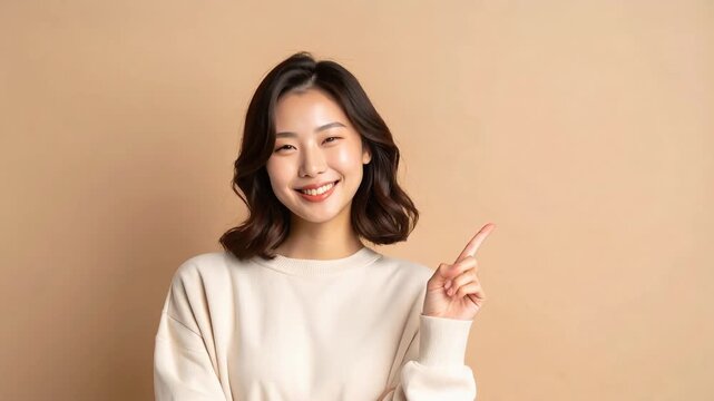 ベージュ背景で胸に手を当てて微笑む女性が誠実な気持ちを表す