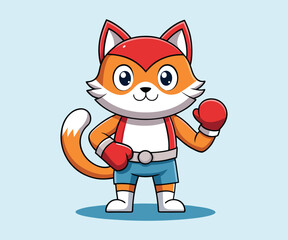 Obraz premium Cute Boxing Fox Mascot Vector: Cartoon Fox Character Wearing Red Boxing Gloves and Sports Shorts