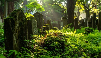 Ancient Moss-Covered Gravestones in a Sun-Dappled Forest.