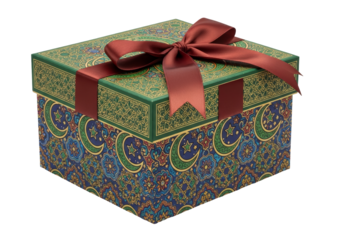 ornate patterned gift box with burgundy ribbon for ramadan eid mubarak