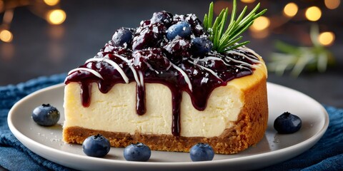 Blueberry cheesecake slice with berry topping and rosemary