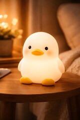A cute duck-shaped night lamp glowing softly in a cozy indoor setting at night. The image represents comfort, warmth, bedtime atmosphere, children&rsquo;s room decor, and gentle lighting.