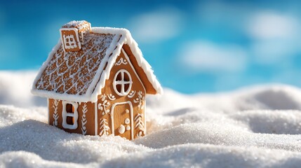 Close-up of a gingerbread house with intricate icing details set against a blurred sky background