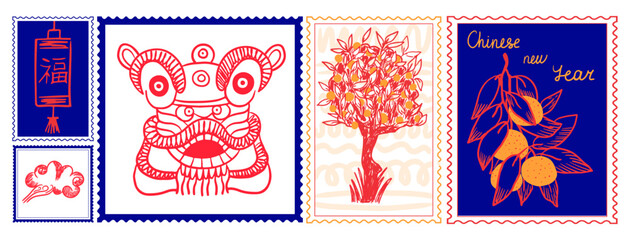 Collection of vintage Chinese New Year postage stamps. Hand-Drawn traditional symbols, lion dance mask and red lanterns, kumquat tree  and tangerines. Decorative Lunar New Year philatelic set