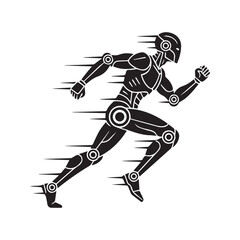 Obraz premium Fast running robot silhouette vector illustration, futuristic sprinting android character with speed motion lines isolated on white background for technology, sport, and artificial intelligence design