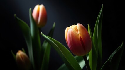 Beautiful tulip flowers in full bloom against dark background