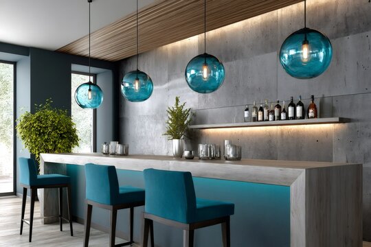 Modern bar interior with concrete wall and turquoise lighting