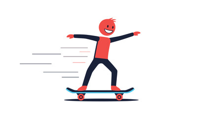 Fototapeta premium Happy red stick figure character riding a skateboard at high speed with arms outstretched, enjoying the freedom and fun of extreme sports.
