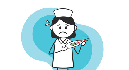 Obraz premium Worried stick figure nurse looking at a thermometer with a high temperature reading, showing concern over a patient's fever or illness.