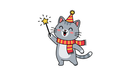 Obraz premium Cute gray tabby cat wearing a party hat and a scarf, smiling and waving a magic wand with a star, celebrating a birthday or holiday.
