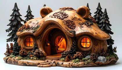 Magical forest bear house art sculpture with detailed textures high resolution picture