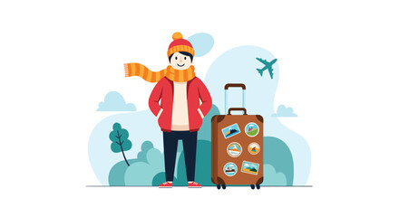 Fototapeta premium Young man dressed in warm winter clothes standing next to his suitcase with travel stickers, ready for a winter vacation or trip by plane.