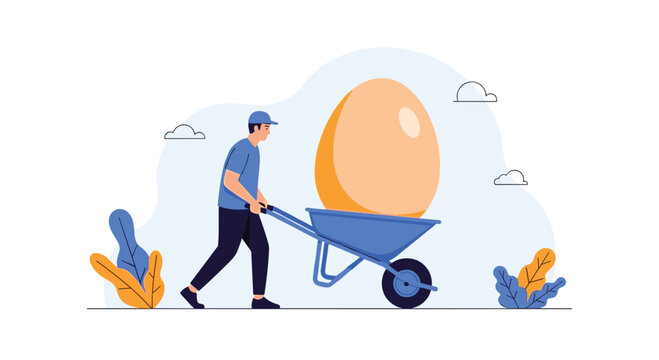 Man pushing a wheelbarrow containing a giant egg, a surreal and conceptual illustration about investment, potential, or carrying a fragile idea.