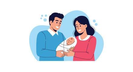 Fototapeta premium Smiling young couple tenderly holds their newborn baby wrapped in a blanket, illustrating a happy family and the love of new parents.