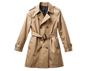 Tan trench coat with belt on white space isolated on white background, PNG. AI Generated