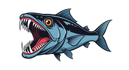Aggressive predatory fish with its mouth wide open, showing off its long, sharp teeth in a menacing and fierce vector illustration.