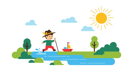 Fototapeta premium Adventurous boy in a hat playing outdoors, running through a stream next to his toy boat on a sunny day in a green landscape.