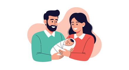Obraz premium Happy and loving new parents, a man and a woman, are smiling as they cradle their newborn baby together in a warm embrace.