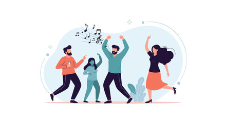 Fototapeta premium Group of four happy friends dancing and enjoying music together at a party, with musical notes floating above them in celebration.