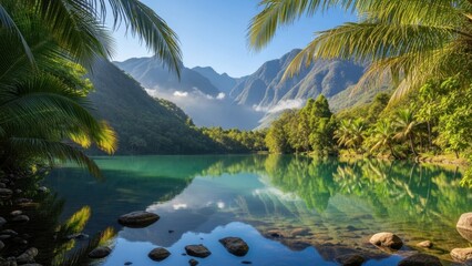 Serene tropical lake surrounded by lush greenery and majestic mountains
