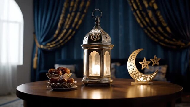 Glowing Ramadan lantern (Fanoos) with dates and crescent moon on an elegant dark table, symbolizing Iftar, Eid Al-Fitr, and Islamic holy night traditions.