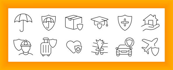 Insurance set icon. Umbrella, shield, package, graduate cap, medical cross, house, worker, luggage, heart, tree, car, and airplane visuals showing protection and risk coverage themes. © Anastasia