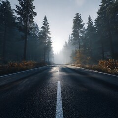 Fototapeta premium A winding road disappears into the misty forest under a bright sun