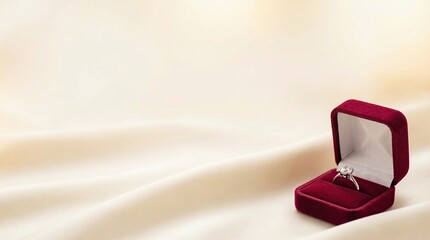 Valentine&rsquo;s Day premium advertising design for branding An elegant diamond ring in a red velvet box on a smooth, luxurious fabric background. Valentine&rsquo;s Day elegant background.