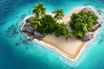 Heart shaped tropical island with palm trees