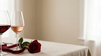Valentine&rsquo;s Day premium advertising design for branding Elegant table setting with wine glasses and a rose, perfect for romantic occasions. Valentine&rsquo;s Day elegant background for commercial marketing