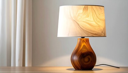 Elegant Wooden Table Lamp with Warm Light and Natural Wood Grain.